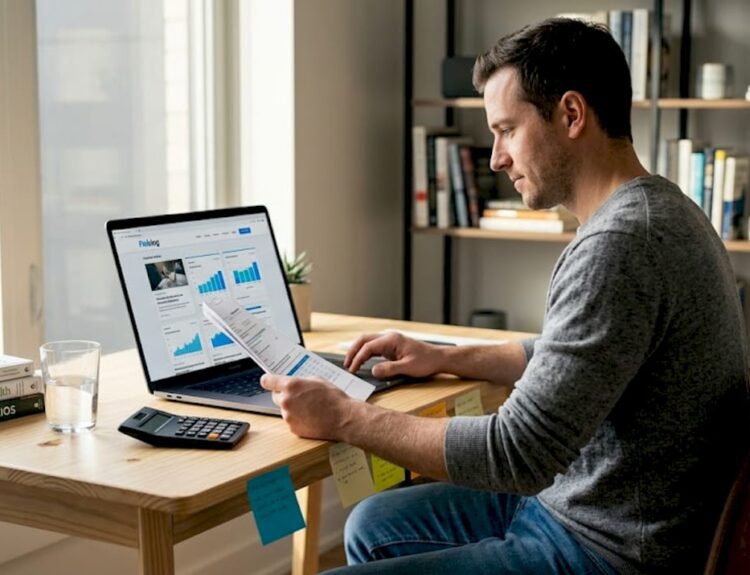 Man reviewing finances at cluttered home office desk