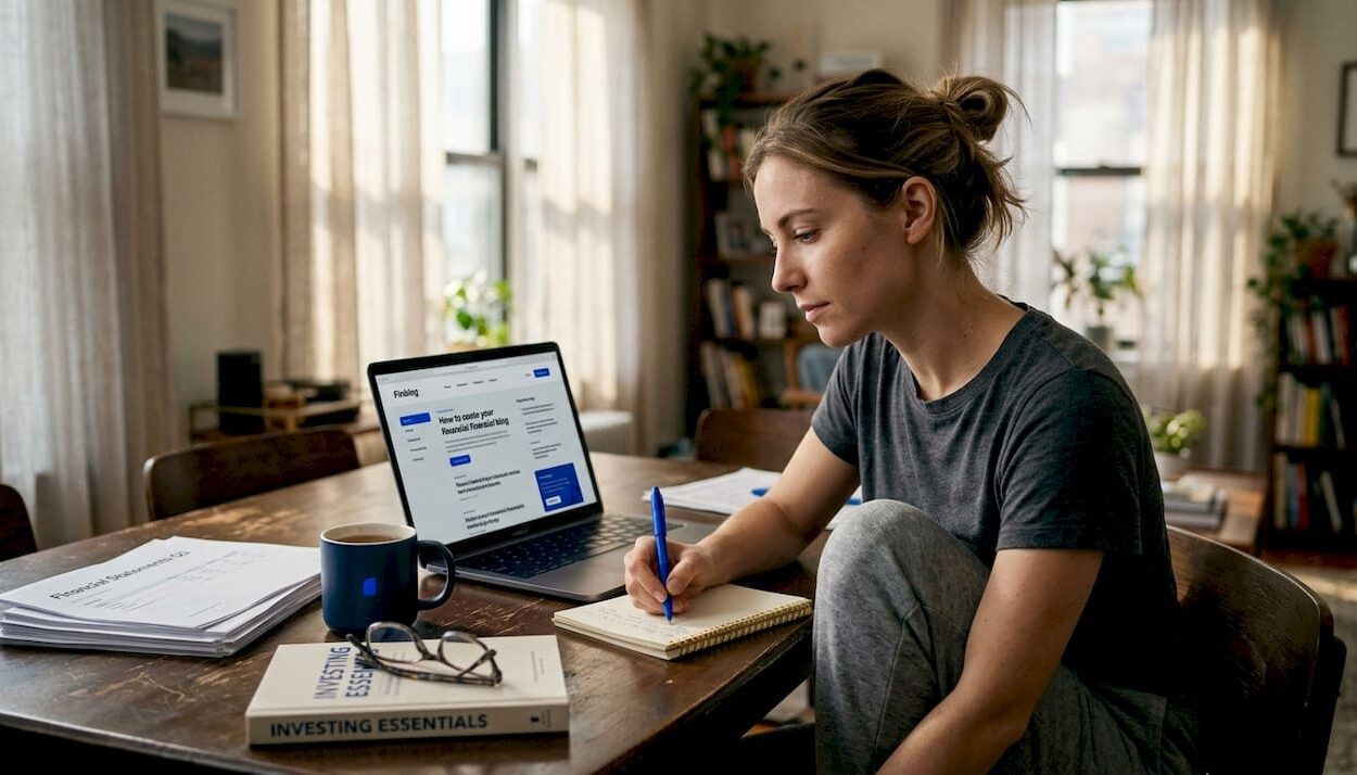 Woman researching investments at home table
