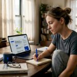 Woman researching investments at home table