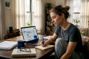 Woman researching investments at home table