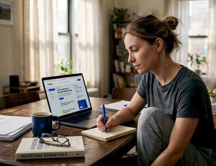 Woman researching investments at home table