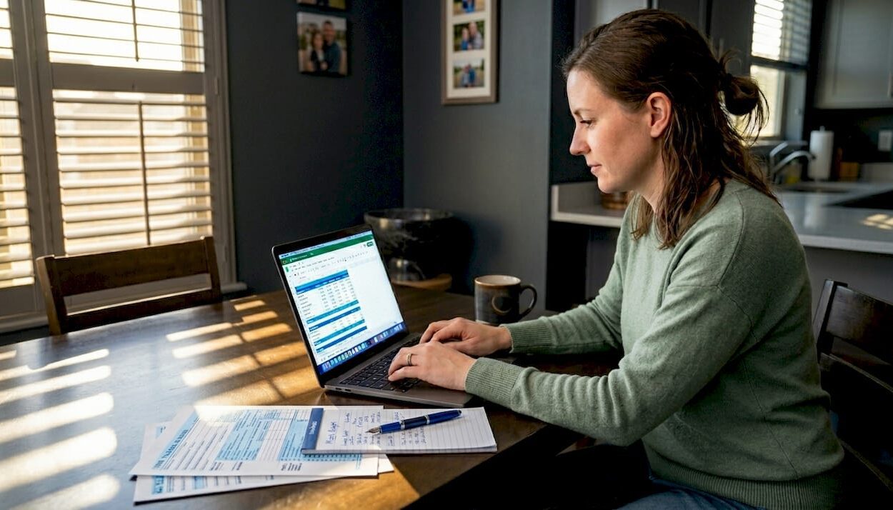 Woman planning retirement at kitchen table