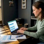 Woman planning retirement at kitchen table
