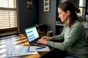 Woman planning retirement at kitchen table