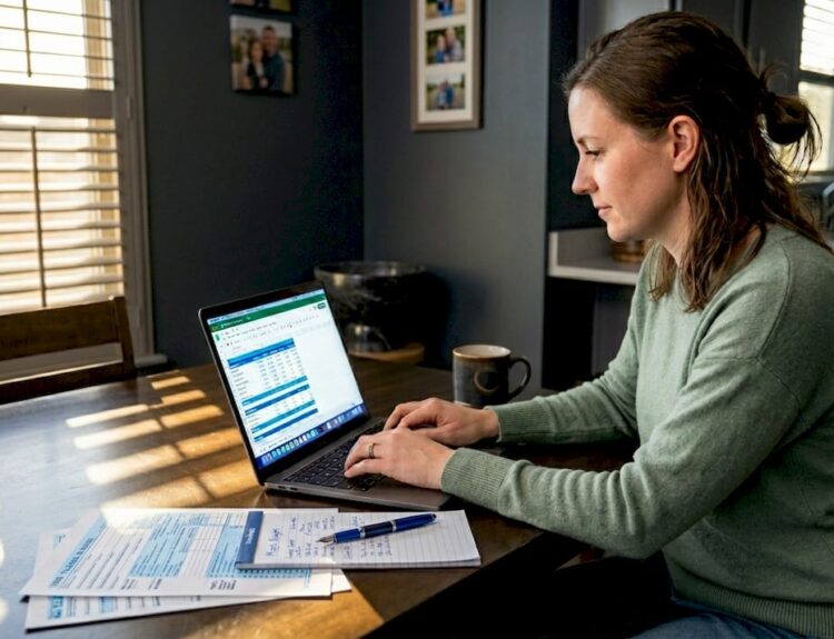 Woman planning retirement at kitchen table