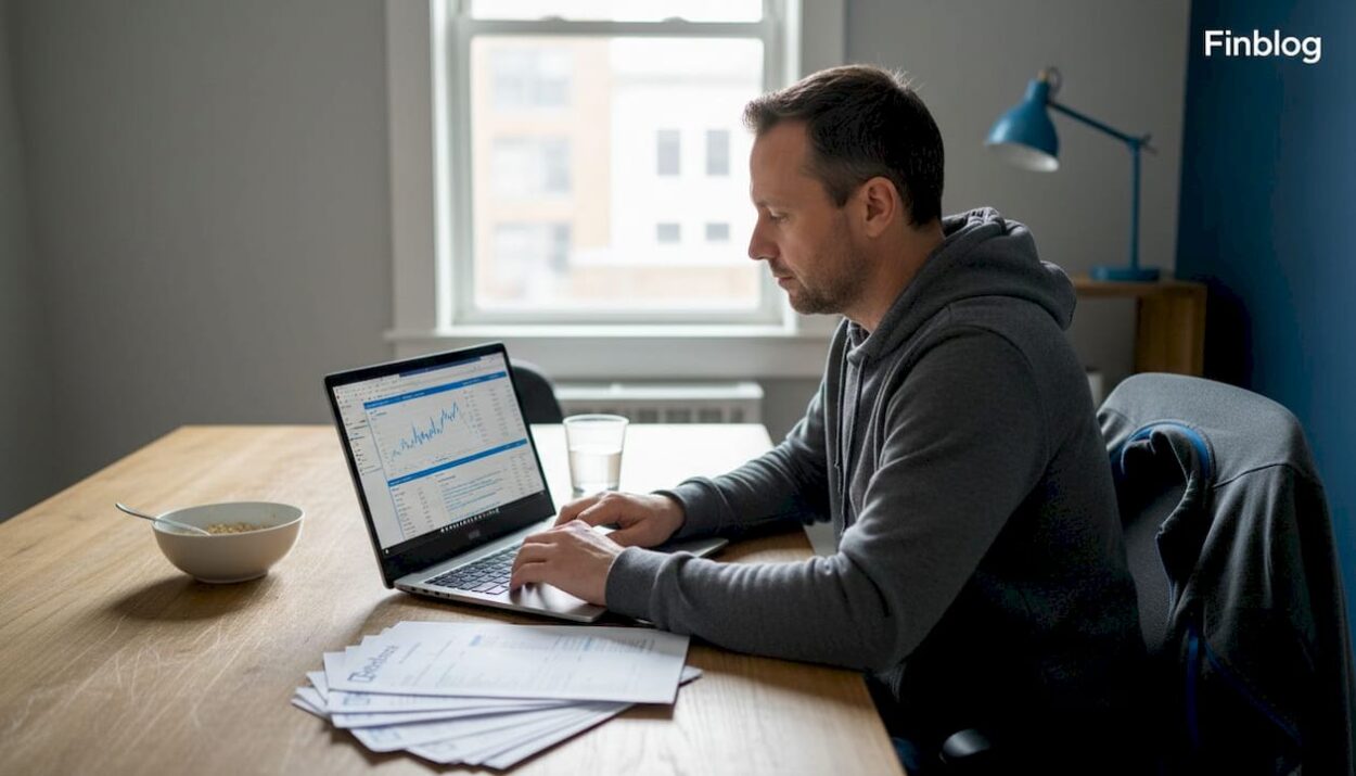 Investor reviewing financial statements at kitchen table