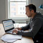 Investor reviewing financial statements at kitchen table