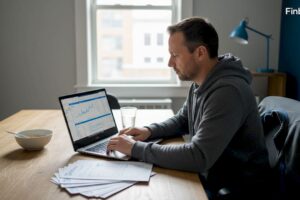 Investor reviewing financial statements at kitchen table