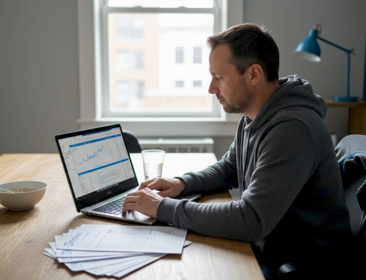 Investor reviewing financial statements at kitchen table