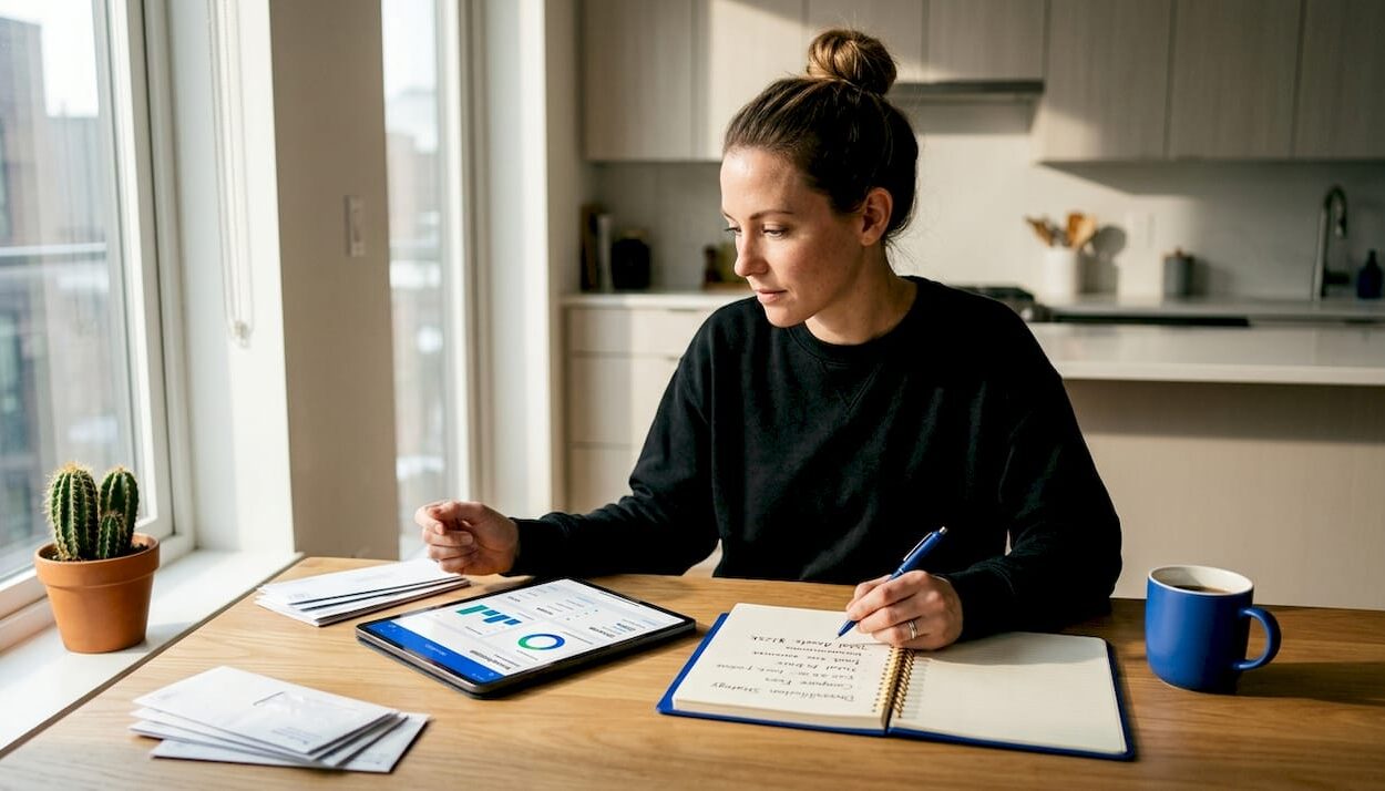 Woman reviewing investments at kitchen table