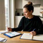 Woman reviewing investments at kitchen table