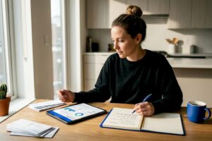 Woman reviewing investments at kitchen table