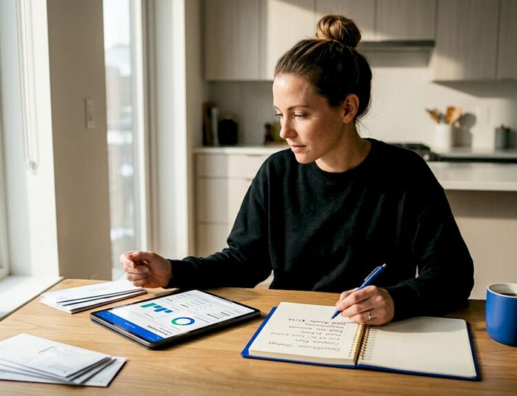 Woman reviewing investments at kitchen table