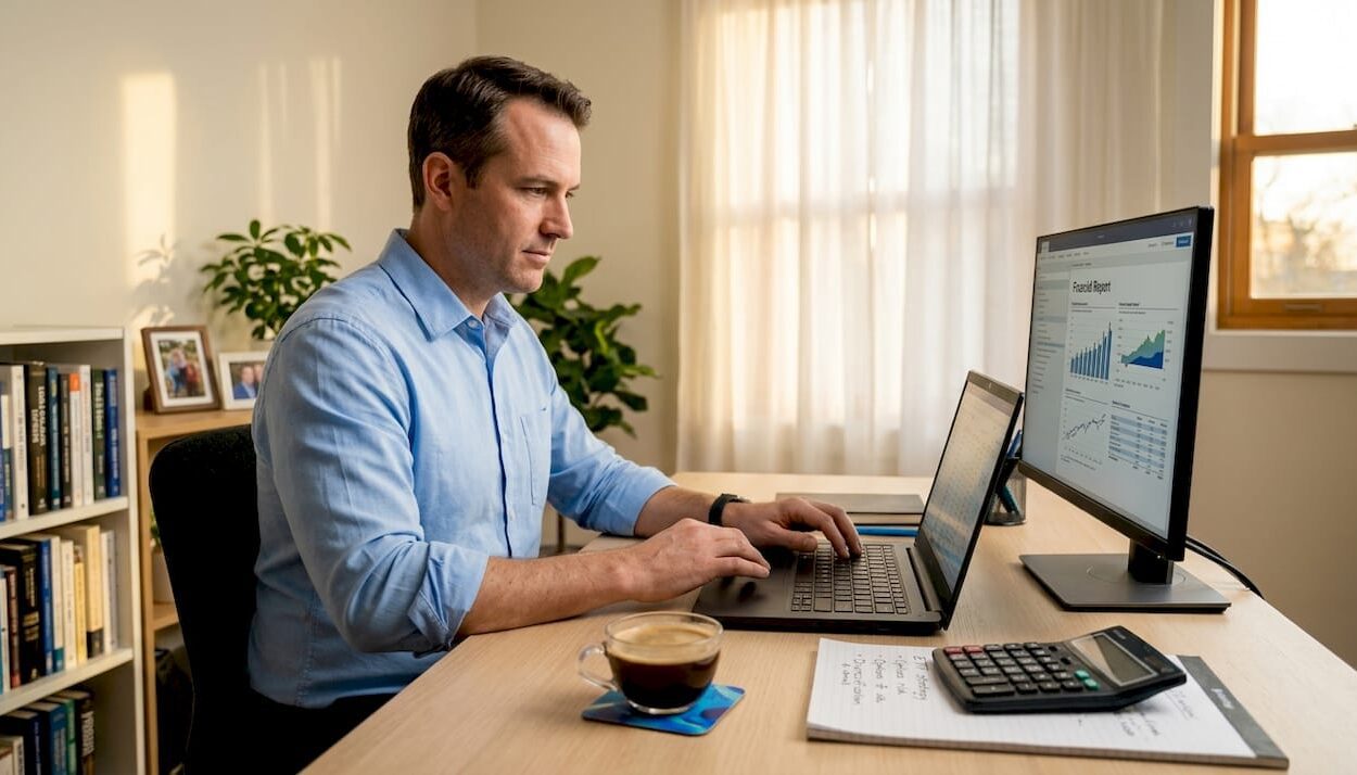 Man researching ETFs at home desk