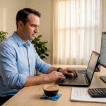 Man researching ETFs at home desk
