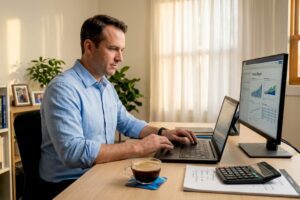 Man researching ETFs at home desk