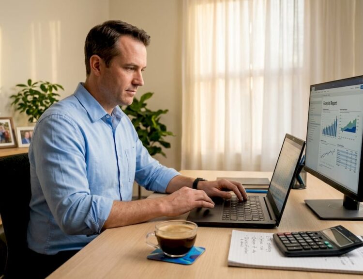 Man researching ETFs at home desk