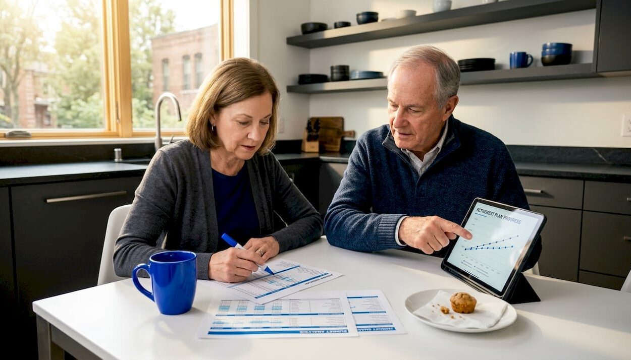 Retirees reviewing finances at kitchen table