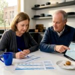 Retirees reviewing finances at kitchen table