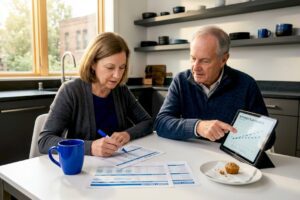 Retirees reviewing finances at kitchen table