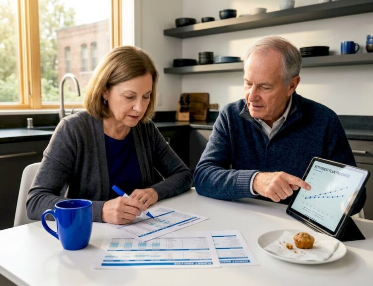 Retirees reviewing finances at kitchen table
