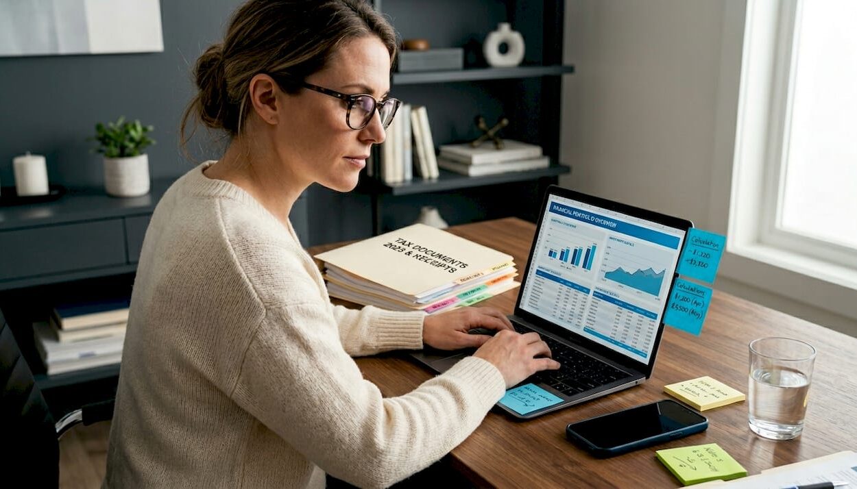 Person researching investment taxes at home desk