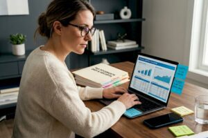 Person researching investment taxes at home desk