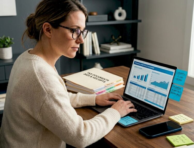 Person researching investment taxes at home desk