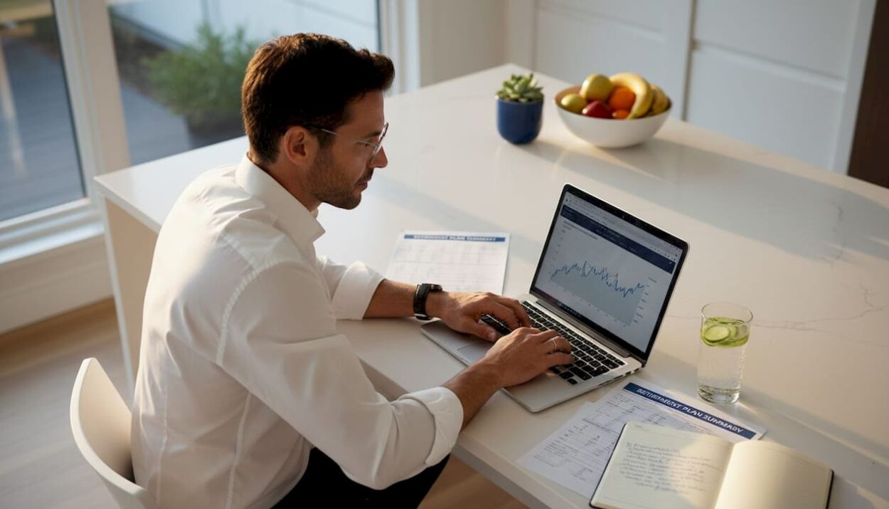 Man reviewing 401k statements at kitchen table