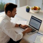 Man reviewing 401k statements at kitchen table