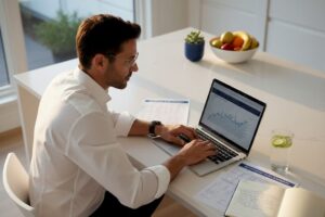 Man reviewing 401k statements at kitchen table