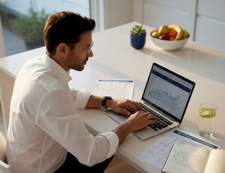 Man reviewing 401k statements at kitchen table