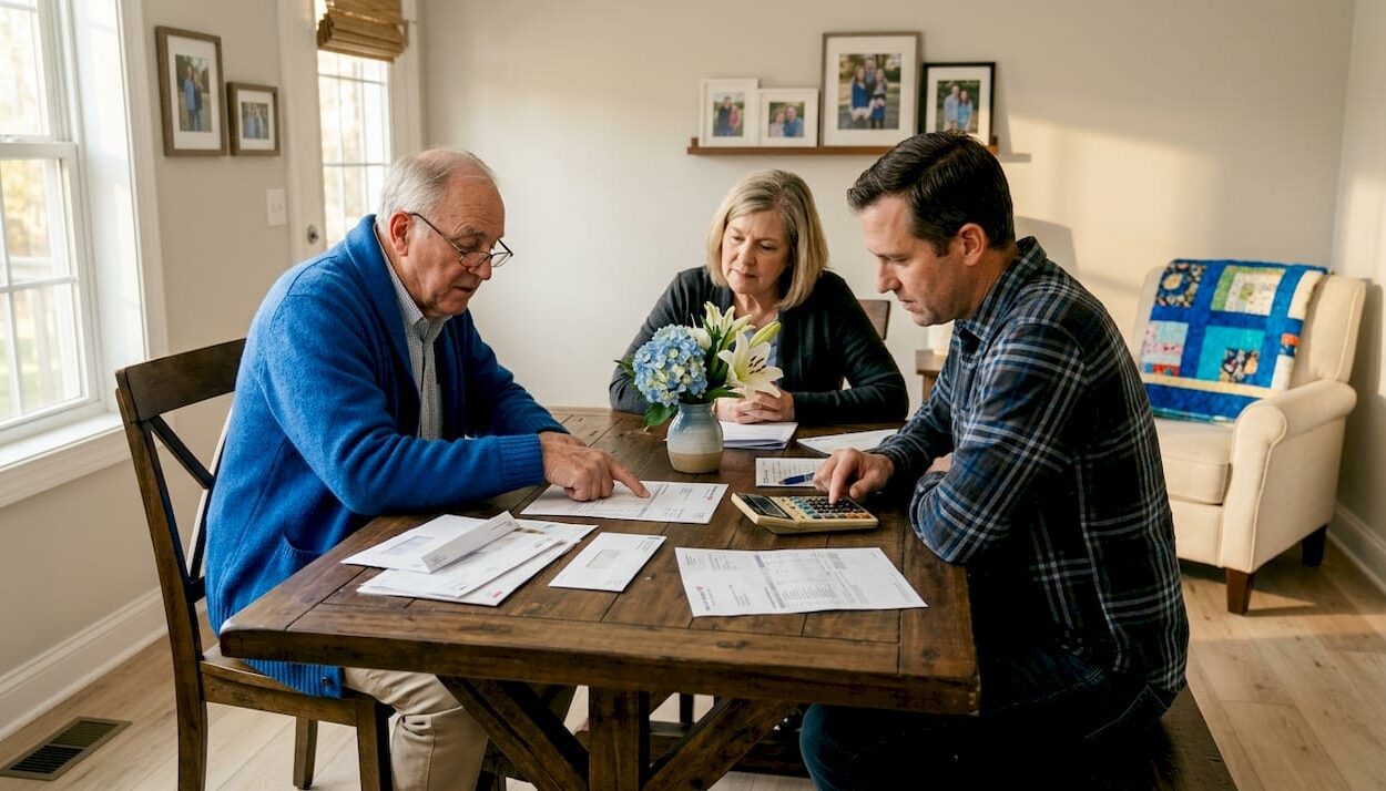 Family reviewing finances at home kitchen table