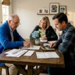 Family reviewing finances at home kitchen table