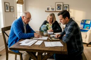Family reviewing finances at home kitchen table