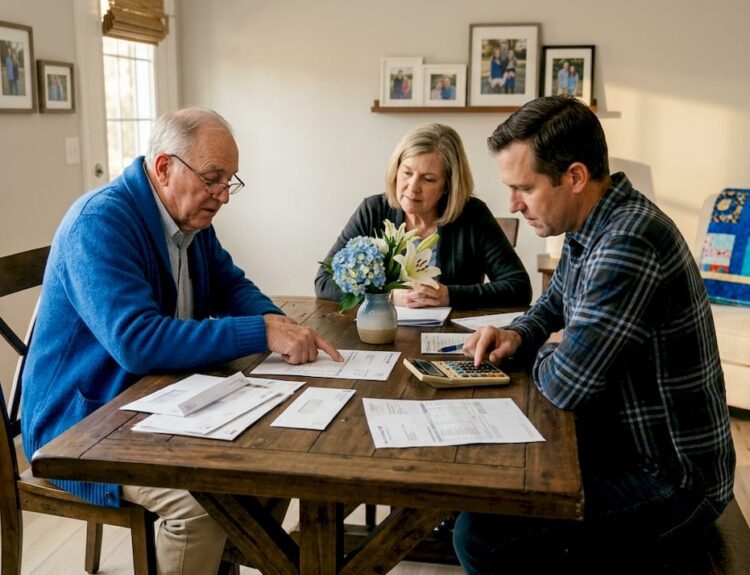 Family reviewing finances at home kitchen table