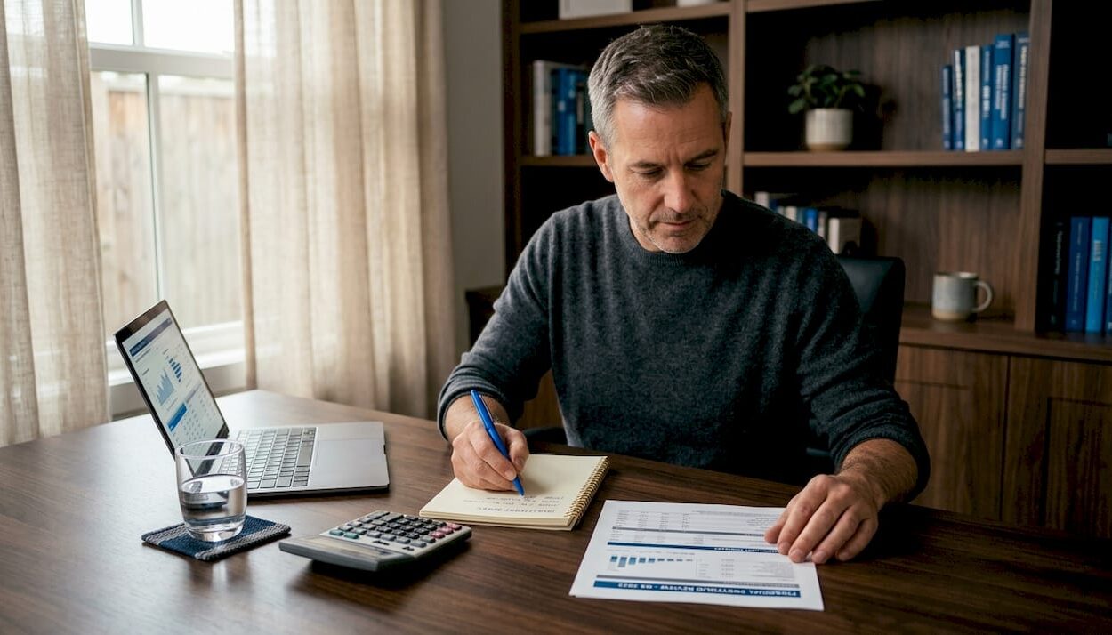 Investor reviewing papers in home office