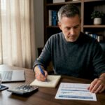 Investor reviewing papers in home office