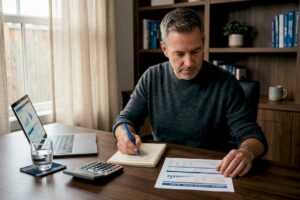 Investor reviewing papers in home office