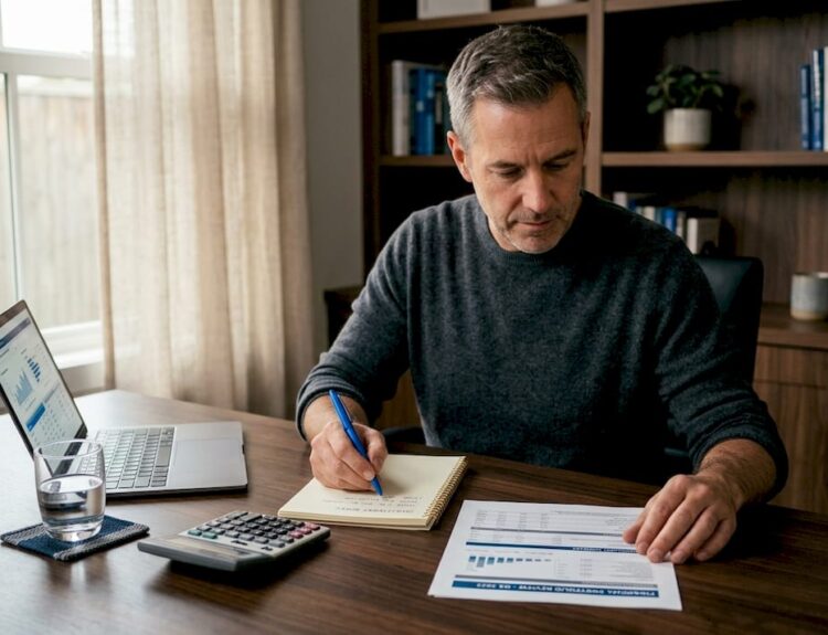 Investor reviewing papers in home office