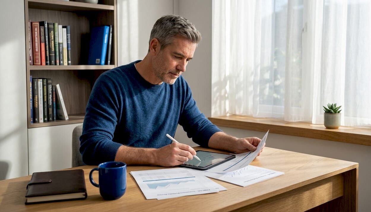 Investor reviews portfolio in cozy home office