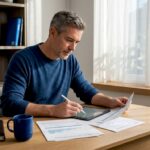 Investor reviews portfolio in cozy home office
