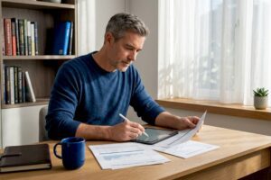 Investor reviews portfolio in cozy home office