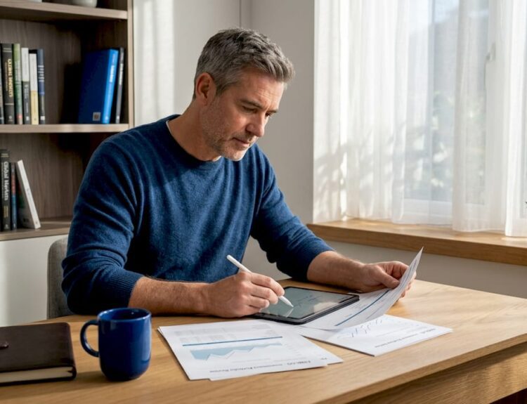 Investor reviews portfolio in cozy home office
