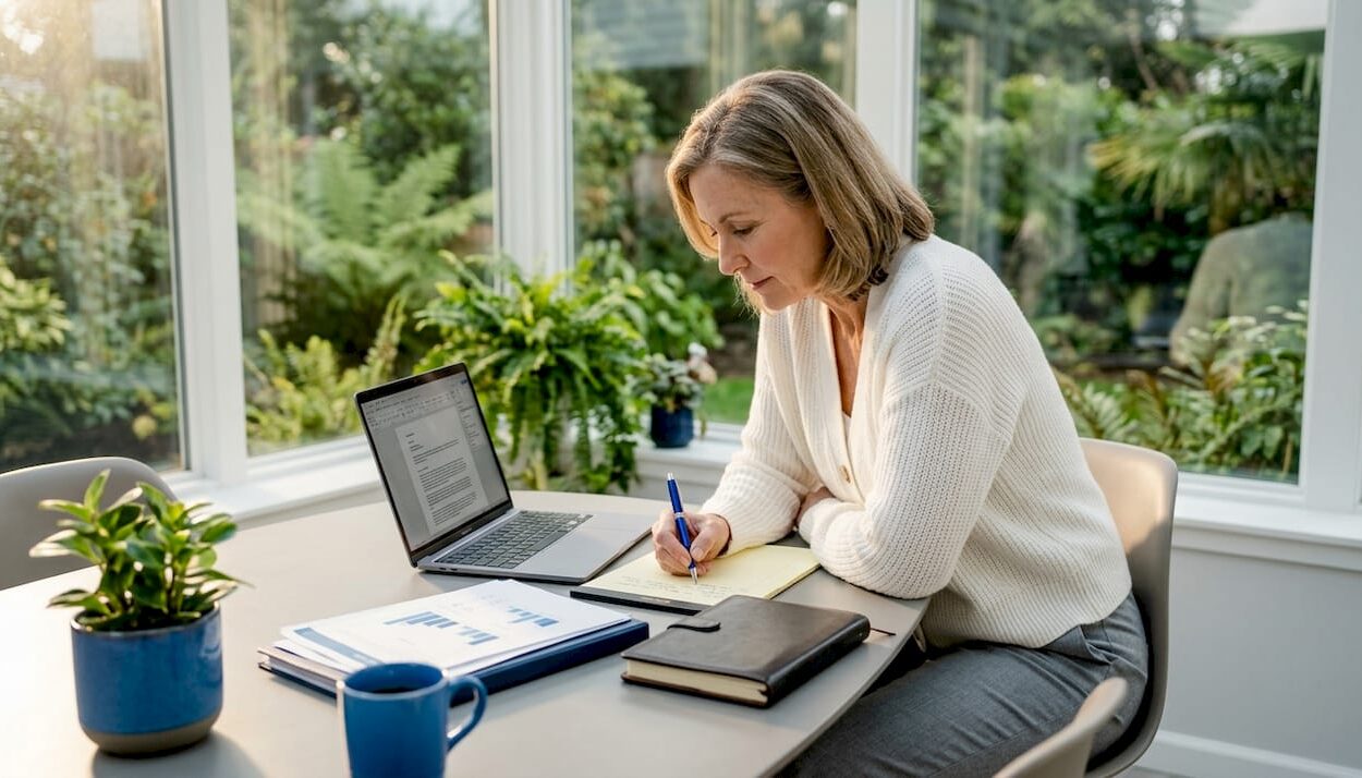 Retiree reviews annuity documents at kitchen island