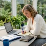 Retiree reviews annuity documents at kitchen island