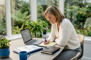 Retiree reviews annuity documents at kitchen island