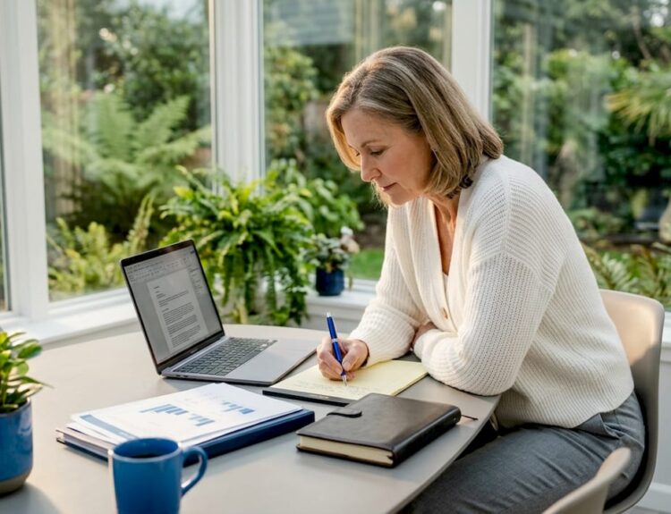 Retiree reviews annuity documents at kitchen island