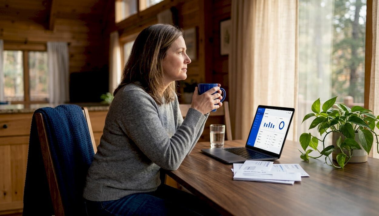 Woman considering finances at kitchen table