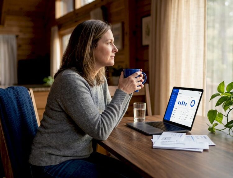 Woman considering finances at kitchen table